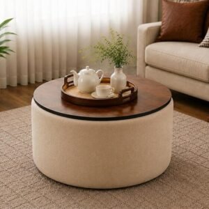 Elegent Round Coffee Table with Wooden Top, Storage Ottoman Tables for Living Room, Centre Tables, Tea Tables, Farmhouse, Wood Drum Coffee Table (Cream)