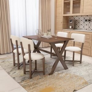 Solid Sheesham Wood Rectangle 45 Inch Dining Table 4 Seater | Wooden 4 Seater Dinning Table Set | Dinner Table with Four Chairs | Criss Cross Table & Cushioned Chair | Walnut Finish