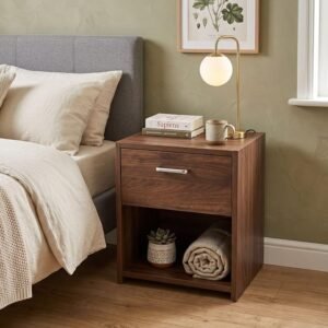 FFO Modern Bedside Table with Drawer & Open Shelf, Wooden Top with Metal Frame, Compact Nightstand for Bedroom, Side Table with Storage, End Table for Living Room